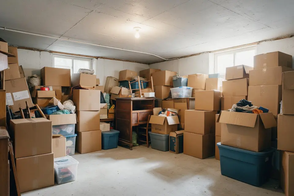 An unfinished basement with stored boxes on a concrete floor