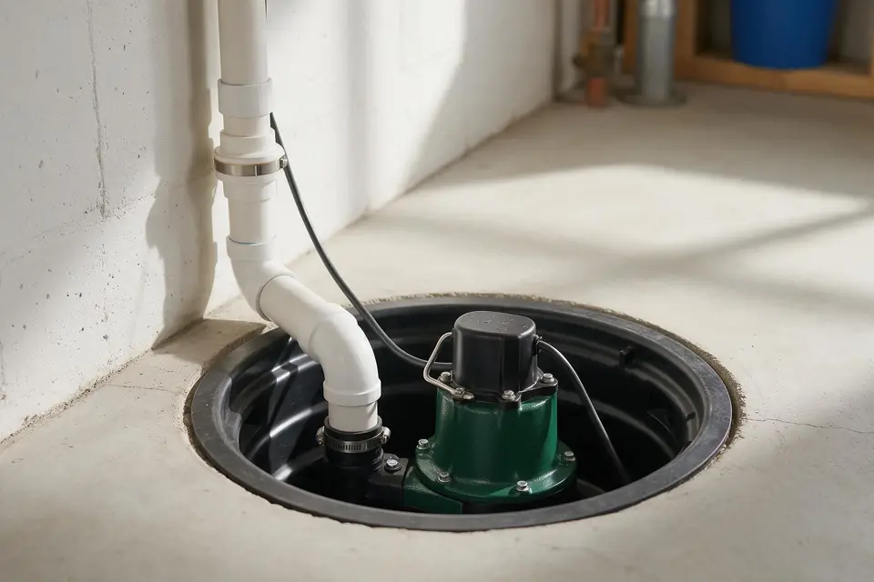 A sump pump in its basin with a discharge pipe and check valve